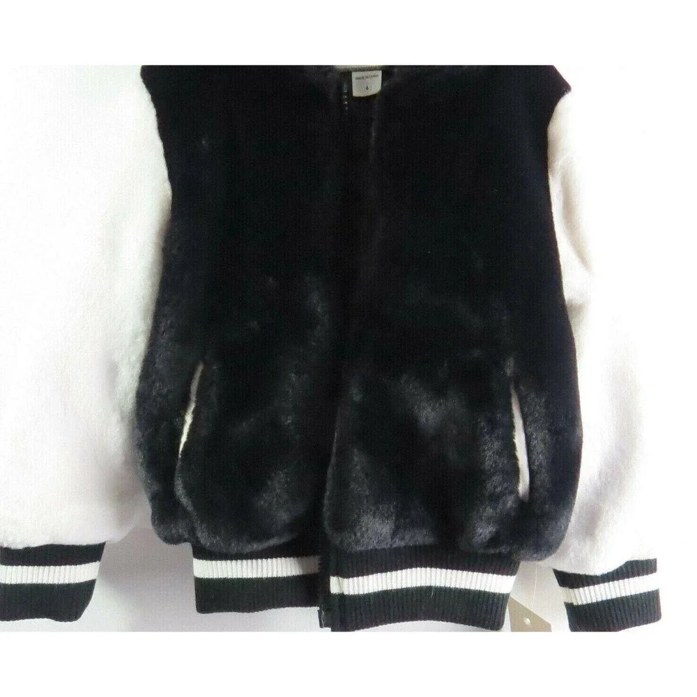 American‎ Widgeon Kids Faux Fur Varsity Bomber Jacket Black White Size 4
